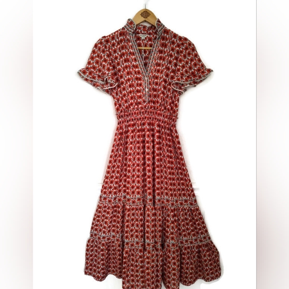 MAX STUDIO Dress Lovely Romantic Floral Persimmon print Tiered Size XS - Picture 2 of 6